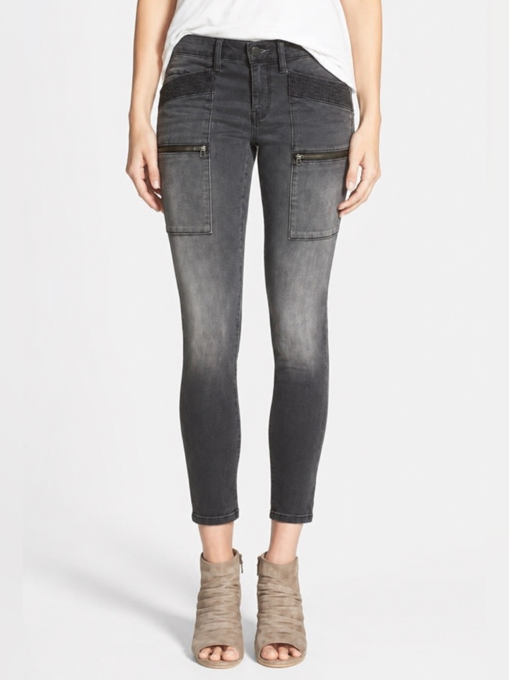 Treasure & Bond Gray Moto Utility Skinny Jeans Zip Pocket Stretch Size 28